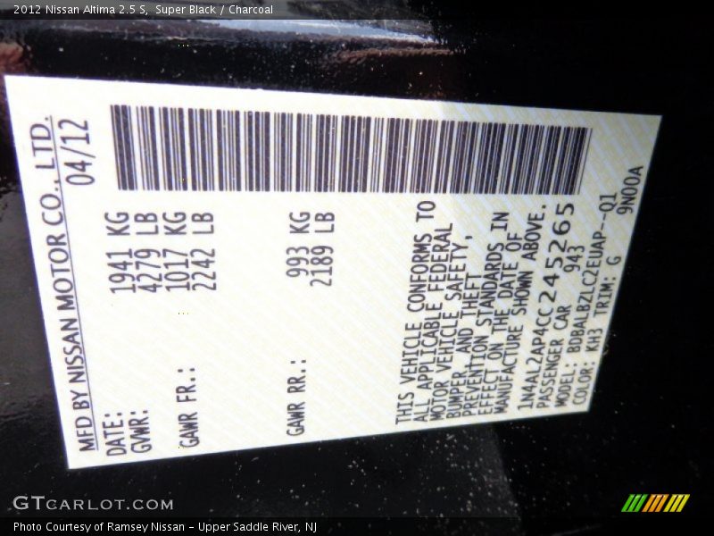 Super Black / Charcoal 2012 Nissan Altima 2.5 S