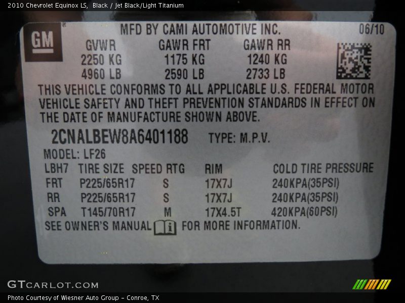 Black / Jet Black/Light Titanium 2010 Chevrolet Equinox LS