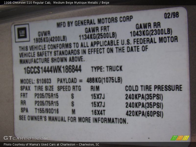 Medium Beige Mystique Metallic / Beige 1998 Chevrolet S10 Regular Cab