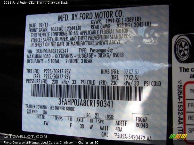 Black / Charcoal Black 2012 Ford Fusion SEL