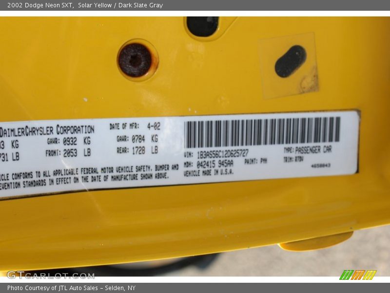 2002 Neon SXT Solar Yellow Color Code PYH