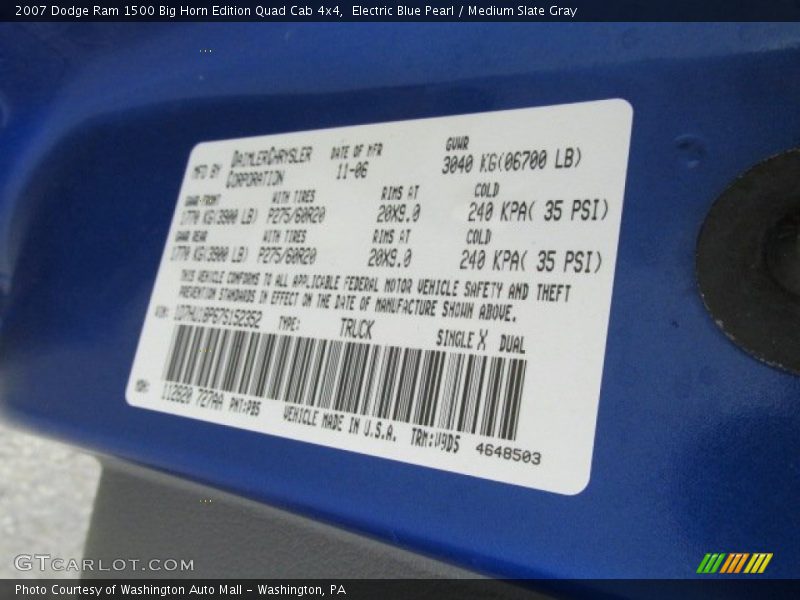 Electric Blue Pearl / Medium Slate Gray 2007 Dodge Ram 1500 Big Horn Edition Quad Cab 4x4