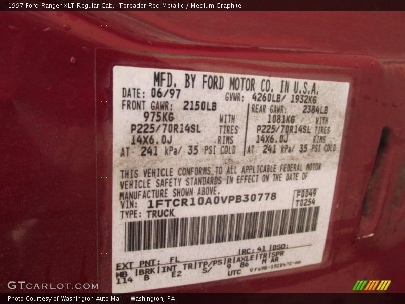 Toreador Red Metallic / Medium Graphite 1997 Ford Ranger XLT Regular Cab