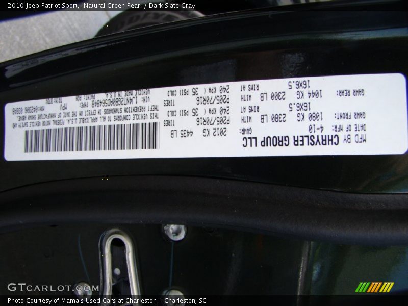 Natural Green Pearl / Dark Slate Gray 2010 Jeep Patriot Sport