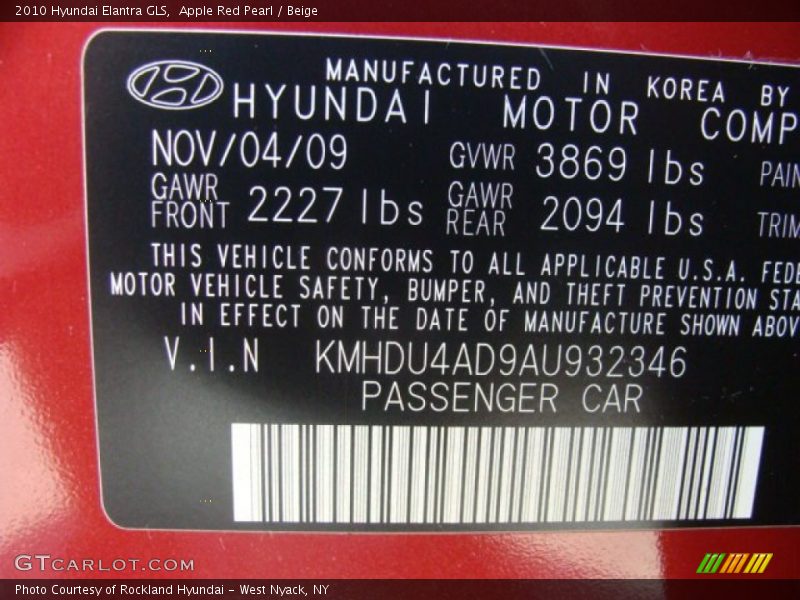 Apple Red Pearl / Beige 2010 Hyundai Elantra GLS