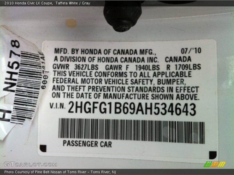 Taffeta White / Gray 2010 Honda Civic LX Coupe