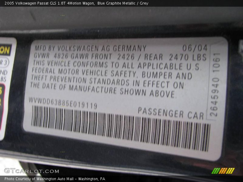 Blue Graphite Metallic / Grey 2005 Volkswagen Passat GLS 1.8T 4Motion Wagon