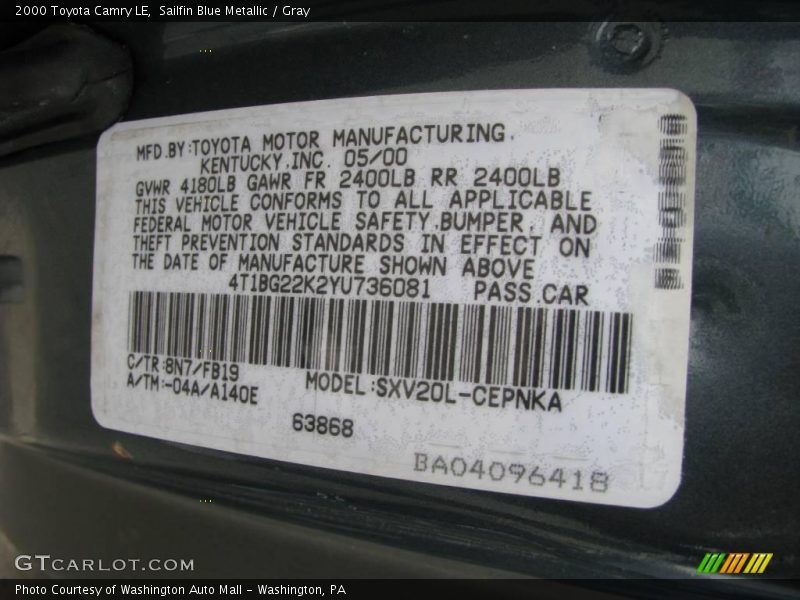 2000 Camry LE Sailfin Blue Metallic Color Code 8N7