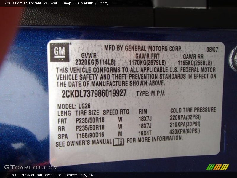 Info Tag of 2008 Torrent GXP AWD