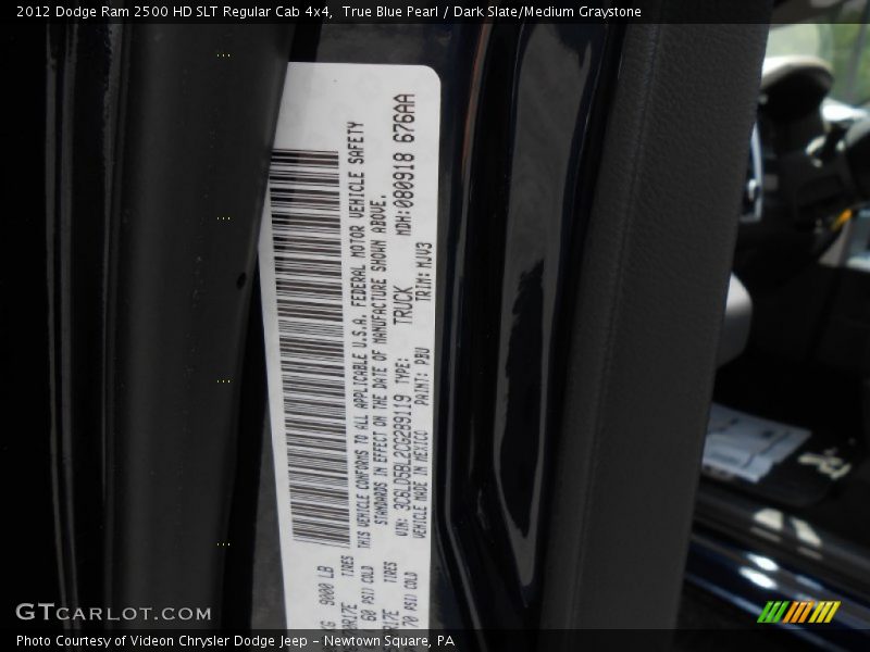True Blue Pearl / Dark Slate/Medium Graystone 2012 Dodge Ram 2500 HD SLT Regular Cab 4x4