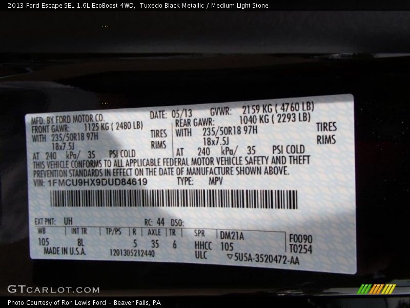 Tuxedo Black Metallic / Medium Light Stone 2013 Ford Escape SEL 1.6L EcoBoost 4WD