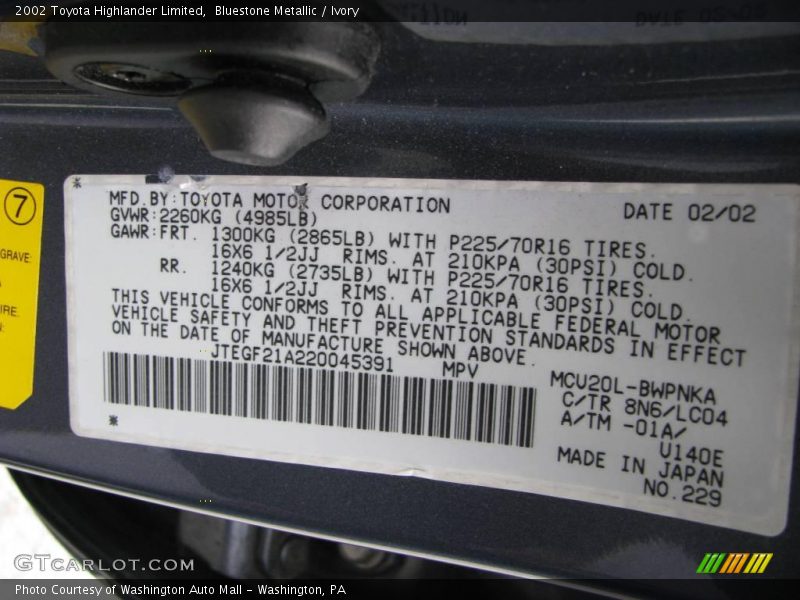 Bluestone Metallic / Ivory 2002 Toyota Highlander Limited