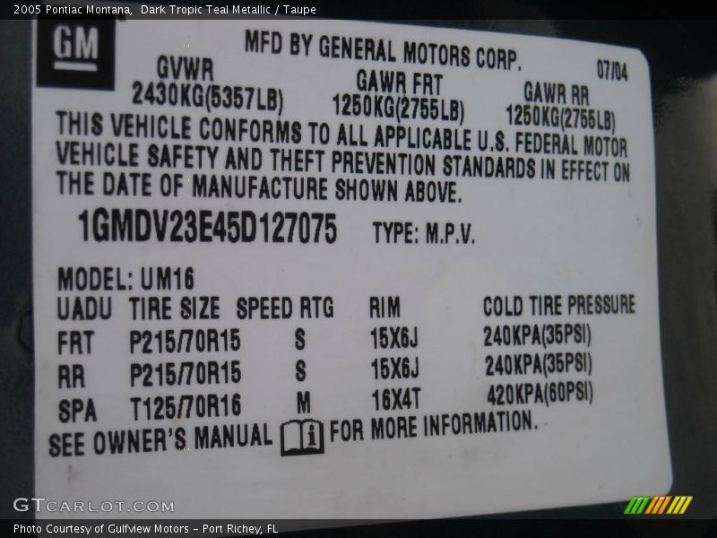 Dark Tropic Teal Metallic / Taupe 2005 Pontiac Montana