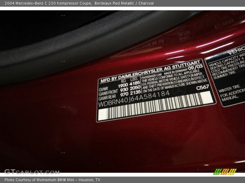 Bordeaux Red Metallic / Charcoal 2004 Mercedes-Benz C 230 Kompressor Coupe