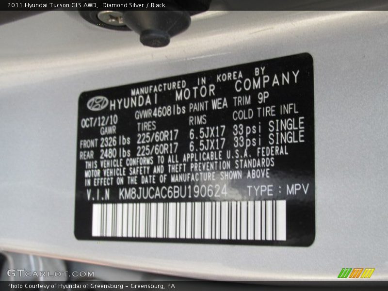 Diamond Silver / Black 2011 Hyundai Tucson GLS AWD