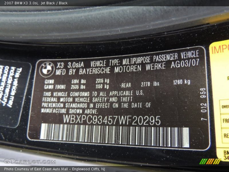 Jet Black / Black 2007 BMW X3 3.0si