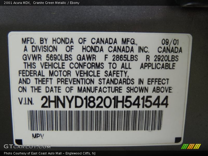 Info Tag of 2001 MDX 