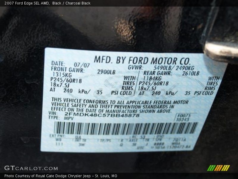 Black / Charcoal Black 2007 Ford Edge SEL AWD