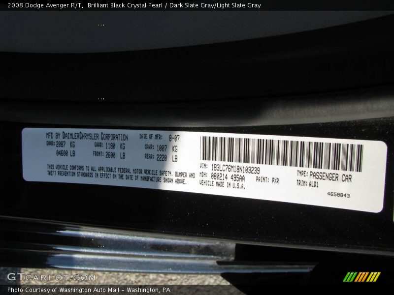 Brilliant Black Crystal Pearl / Dark Slate Gray/Light Slate Gray 2008 Dodge Avenger R/T