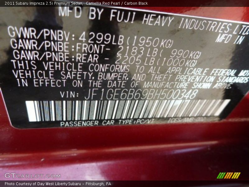 Camellia Red Pearl / Carbon Black 2011 Subaru Impreza 2.5i Premium Sedan