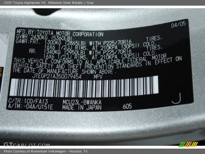 Millenium Silver Metallic / Gray 2005 Toyota Highlander V6