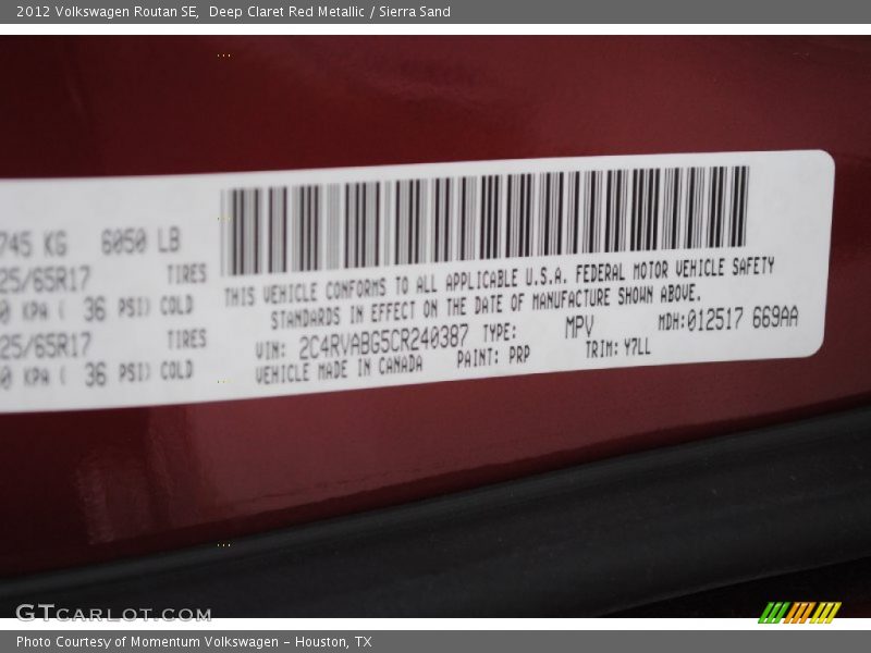 Deep Claret Red Metallic / Sierra Sand 2012 Volkswagen Routan SE