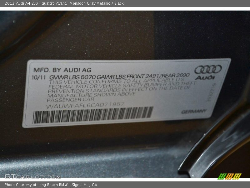 Monsoon Gray Metallic / Black 2012 Audi A4 2.0T quattro Avant