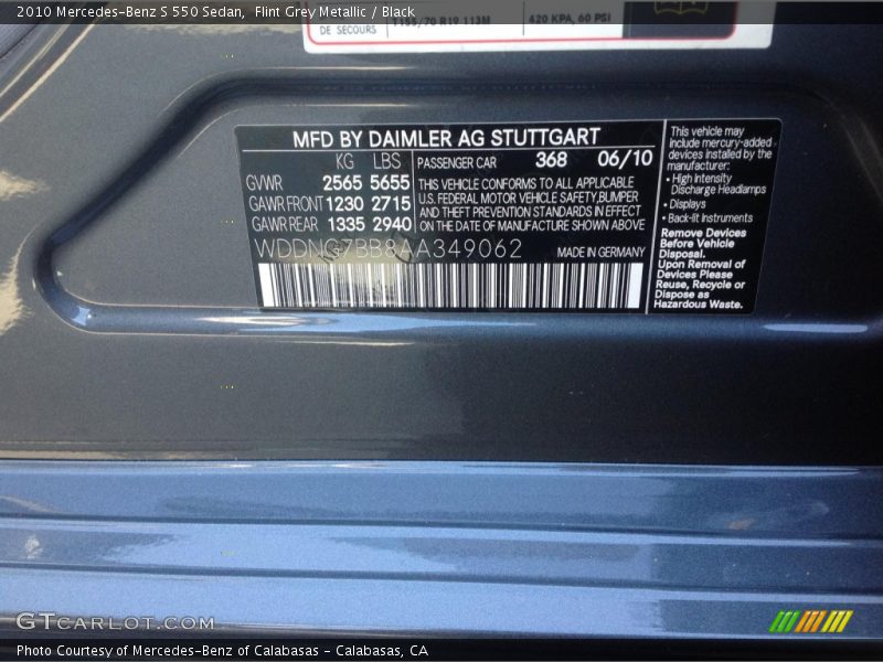 Flint Grey Metallic / Black 2010 Mercedes-Benz S 550 Sedan