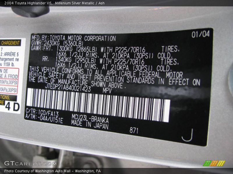 Millenium Silver Metallic / Ash 2004 Toyota Highlander V6