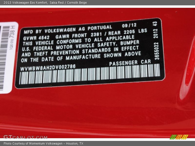 Salsa Red / Cornsilk Beige 2013 Volkswagen Eos Komfort