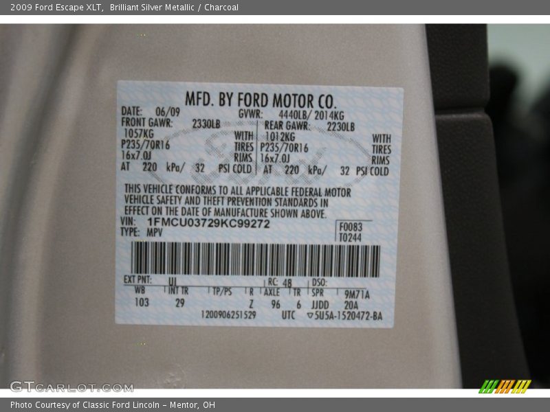 Brilliant Silver Metallic / Charcoal 2009 Ford Escape XLT