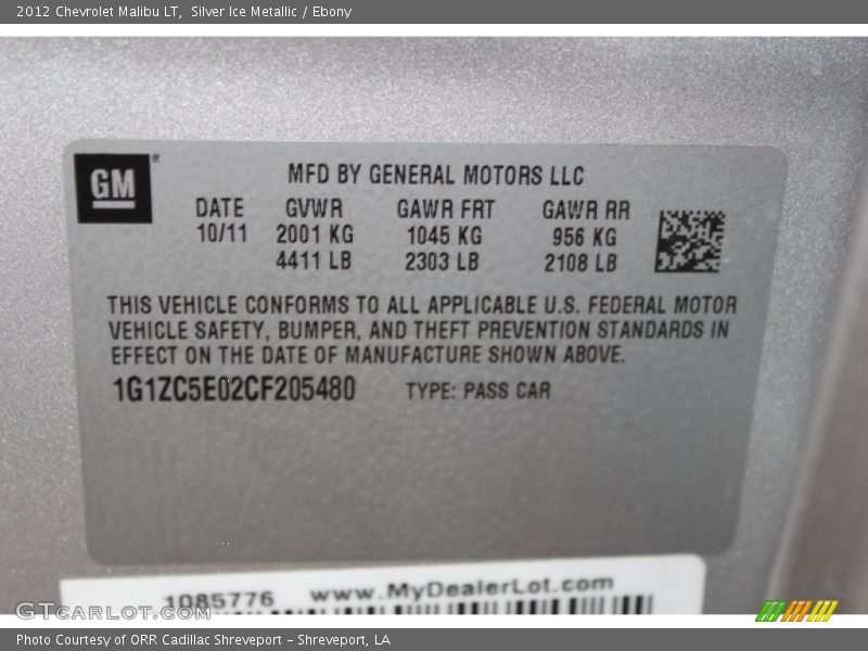 Silver Ice Metallic / Ebony 2012 Chevrolet Malibu LT