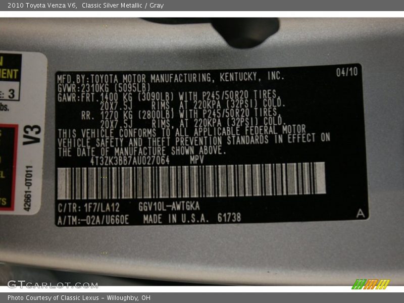 Classic Silver Metallic / Gray 2010 Toyota Venza V6