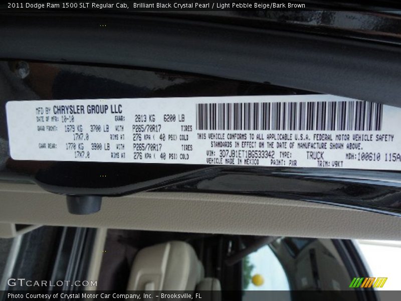 Brilliant Black Crystal Pearl / Light Pebble Beige/Bark Brown 2011 Dodge Ram 1500 SLT Regular Cab