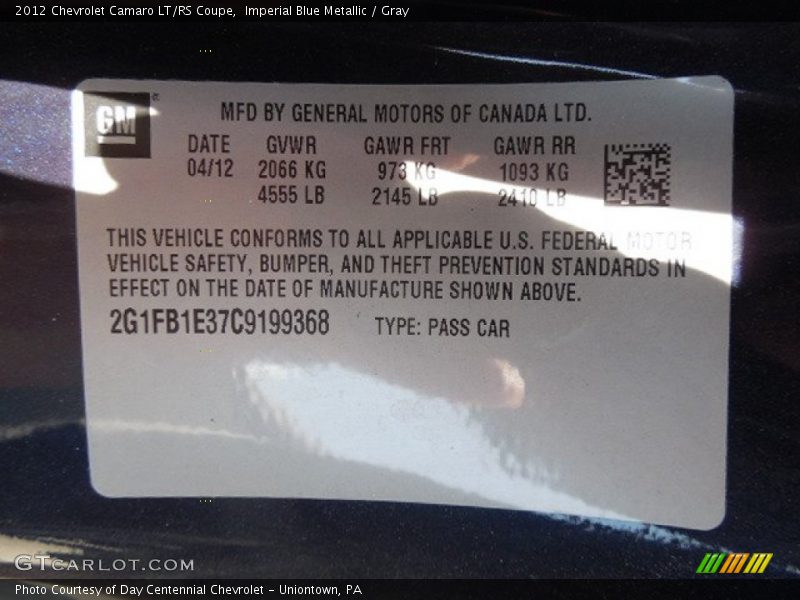 Imperial Blue Metallic / Gray 2012 Chevrolet Camaro LT/RS Coupe