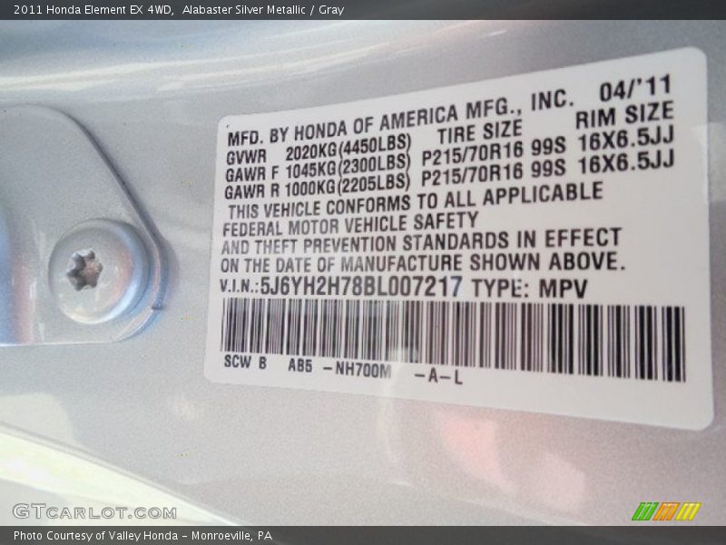 Alabaster Silver Metallic / Gray 2011 Honda Element EX 4WD
