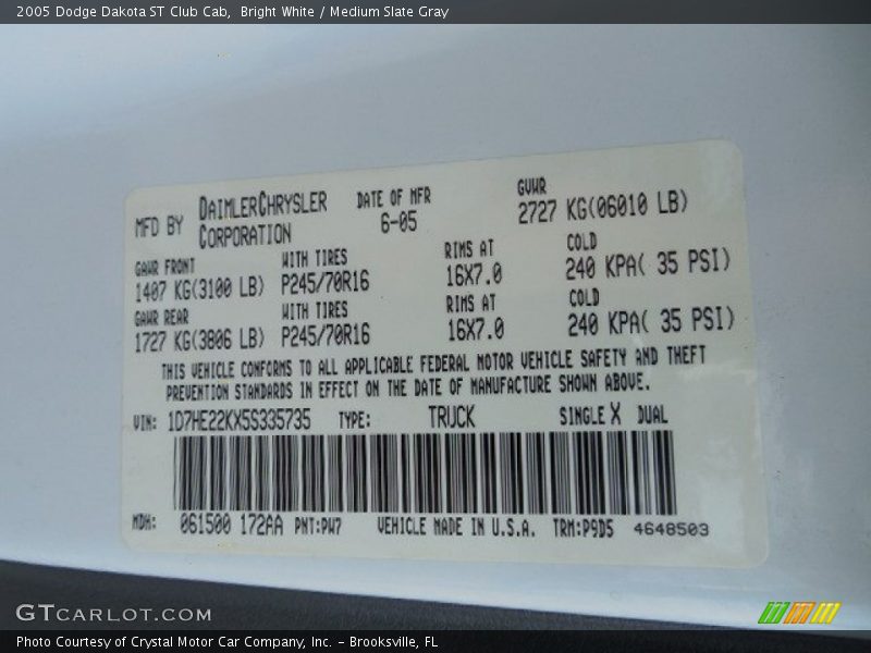 Bright White / Medium Slate Gray 2005 Dodge Dakota ST Club Cab