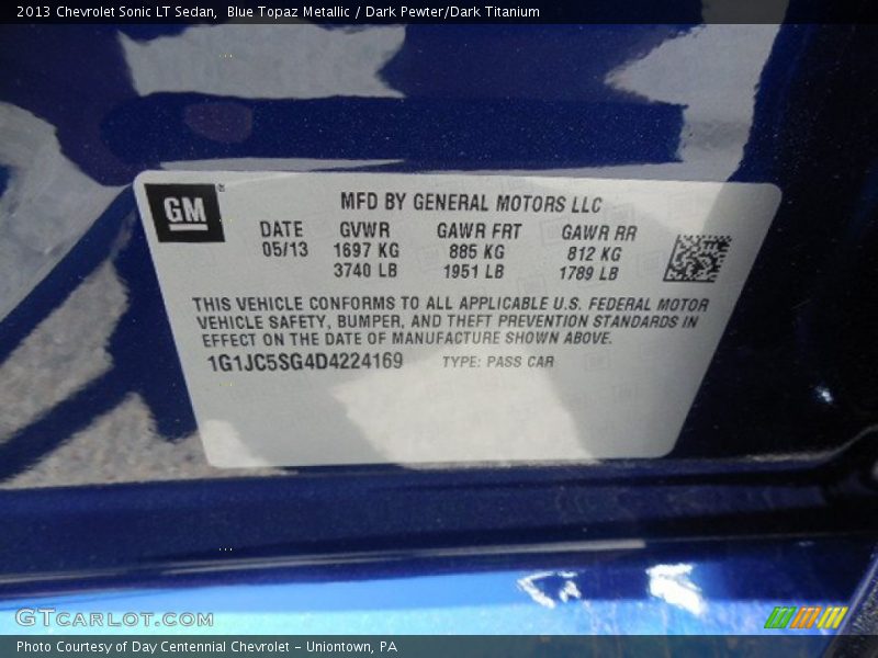 Blue Topaz Metallic / Dark Pewter/Dark Titanium 2013 Chevrolet Sonic LT Sedan