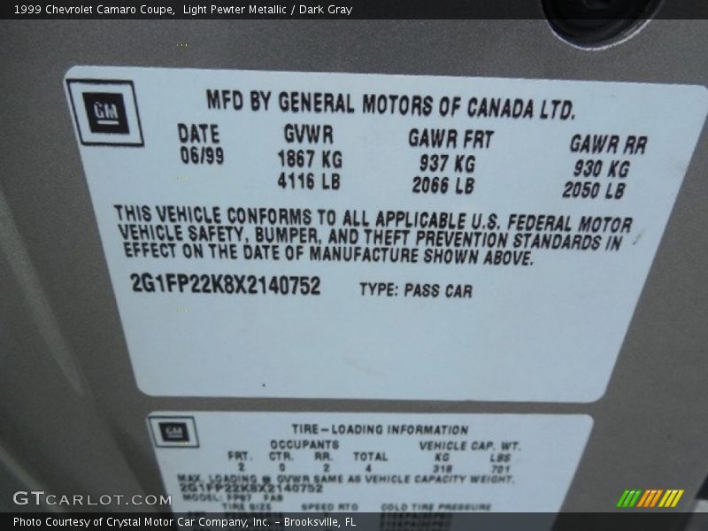 Info Tag of 1999 Camaro Coupe