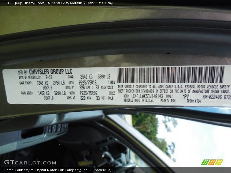 Mineral Gray Metallic / Dark Slate Gray 2012 Jeep Liberty Sport