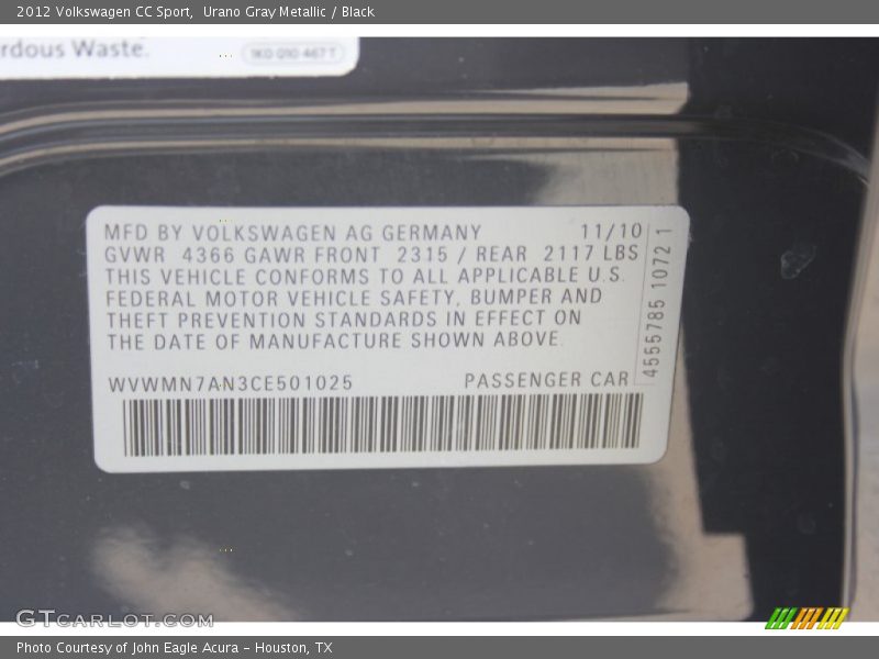 Urano Gray Metallic / Black 2012 Volkswagen CC Sport
