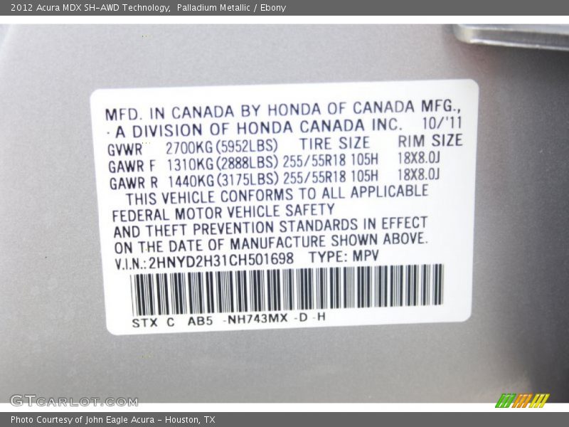 Palladium Metallic / Ebony 2012 Acura MDX SH-AWD Technology
