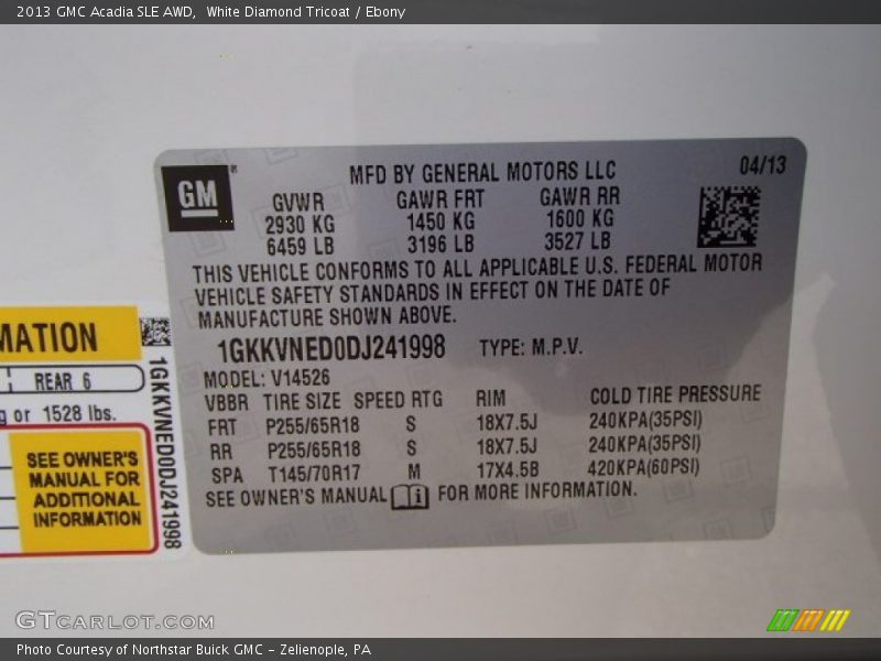 White Diamond Tricoat / Ebony 2013 GMC Acadia SLE AWD