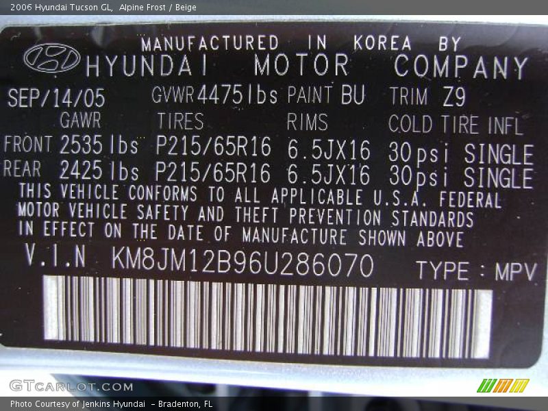 Alpine Frost / Beige 2006 Hyundai Tucson GL