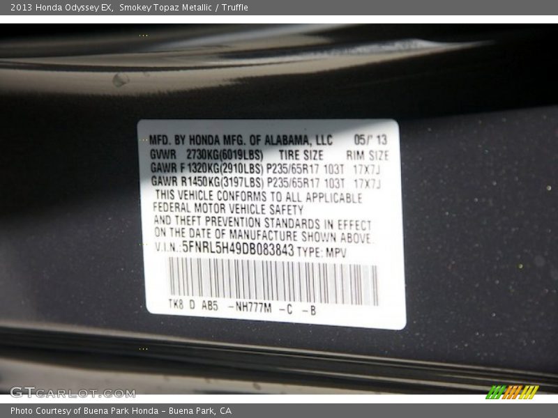 Smokey Topaz Metallic / Truffle 2013 Honda Odyssey EX