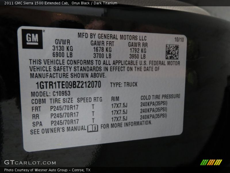 Info Tag of 2011 Sierra 1500 Extended Cab