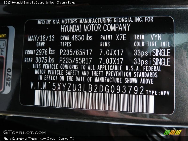 Juniper Green / Beige 2013 Hyundai Santa Fe Sport