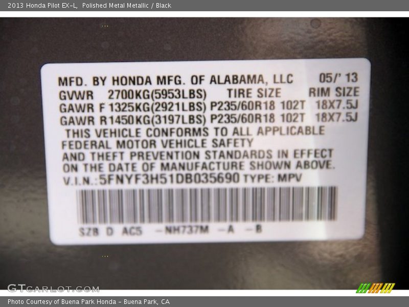 Polished Metal Metallic / Black 2013 Honda Pilot EX-L
