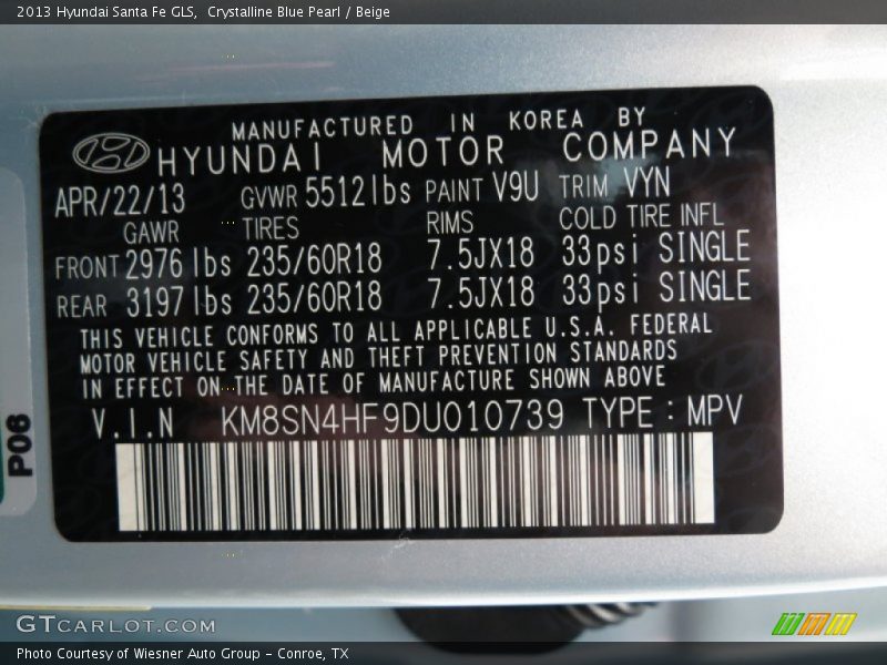 Crystalline Blue Pearl / Beige 2013 Hyundai Santa Fe GLS