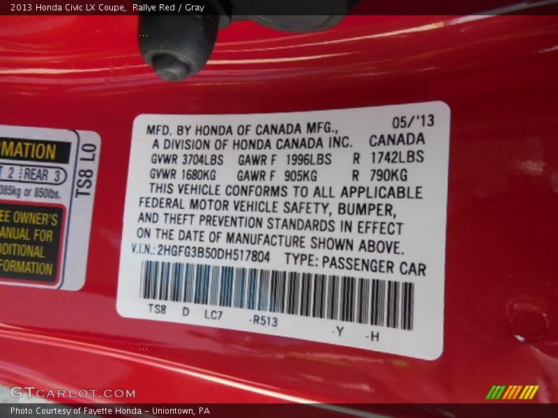 Rallye Red / Gray 2013 Honda Civic LX Coupe